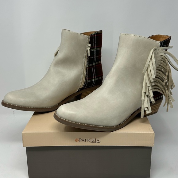 Code West Shoes - Code West Ankle Boots Womens 7 Beige Faux Leather Western Low Key Plaid Fringe